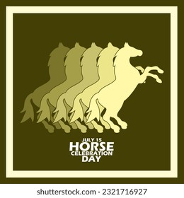 Icon of several standing horses with gradient colors and bold text in frame on dark brown background to celebrate Horse Celebration Day on July 15
