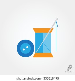 Icon of sewing spool of blue thread, needle and blue button