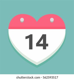 ?alendar icon in the shape of a heart, 14 fabrary, the Valentine's Day date, flat style vector illustration