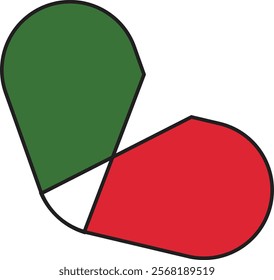 An icon in the shape of a heart, open in half, in red and green colours