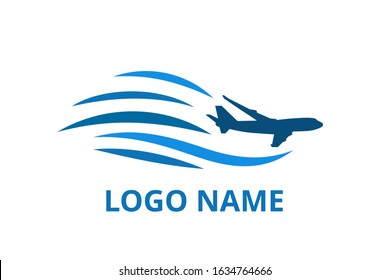 icon shape of plane fly in the sky with cloud logo design idea concept for travel, sport, adventure journey, education aviation company. 