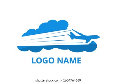 icon shape of plane fly in the sky with cloud logo design idea concept for travel, sport, adventure journey, education aviation company. 