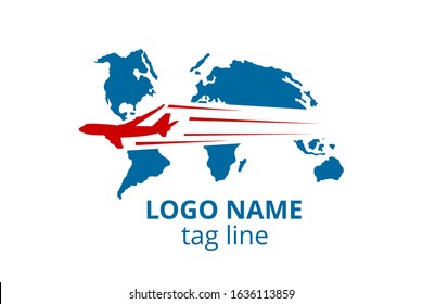 icon shape of plane fly in the sky with cloud logo design idea concept for travel, sport, adventure journey, education aviation company. flight over world. 