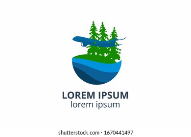 icon shape of plane fly in the sky over forest with cloud logo design idea concept for travel, sport, adventure journey, education aviation company. 