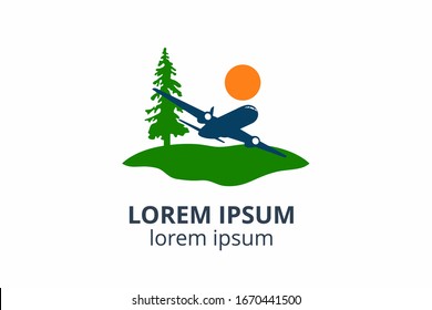icon shape of plane fly in the sky over forest with cloud logo design idea concept for travel, sport, adventure journey, education aviation company. 