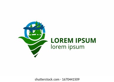 icon shape of plane fly in the sky over forest with cloud logo design idea concept for travel, sport, adventure journey, education aviation company. 