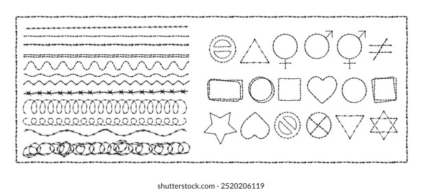 Ícone e formas feitas com arame farpado. Gráfico vetorial de design de textura de borda e padrão. Conjunto de vetores de coleção de formas geométricas básicas. Design de vetor de pincel e traçado.