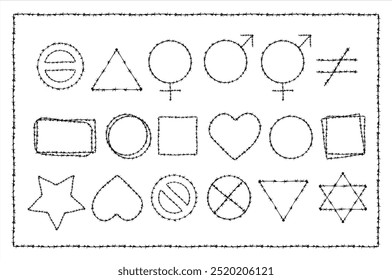 Ícone e formas feitas com arame farpado. Gráfico vetorial de design de textura de borda e padrão. Conjunto de vetores de coleção de formas geométricas básicas. Design de vetor de pincel e traçado.