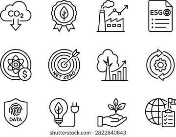 icon sheet of 12 carbon ESG tracking icons, line icon transparent background, CO2 cloud with arrow down, carbon offset badge leaf, emission factory chart, ESG report document, carbon credit coin, net zero target, minimal outline