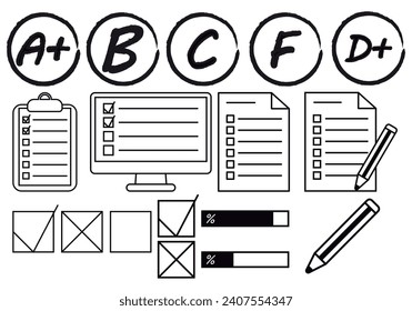 Icon sheet about exams and exam results.