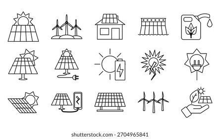 Hoja de iconos sobre energía renovable, solar, eólica y sostenible