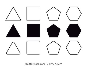 Icon sheet of black triangles, square, pentagon, hexagon.