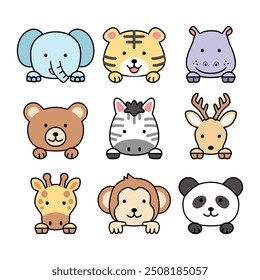 Icon sheet collection symbol set zoo wild animals icon cute characters illustration outline kiddy happy cheerful kawaii japanese style decorative elements