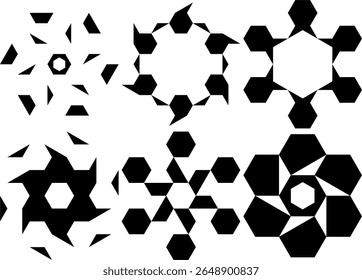 Uma folha de ícones com seis formas hexagonais com simetria rotacional.