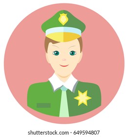 Icon sheriff in a flat style. Vector image on a round colored background. Element of design, interface. Image in the cartoon style