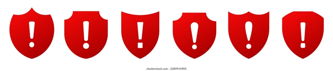 Icon shield alert exclamation mark vector. Protection cyber secure red shield vector icon. Warning and privacy symbol.