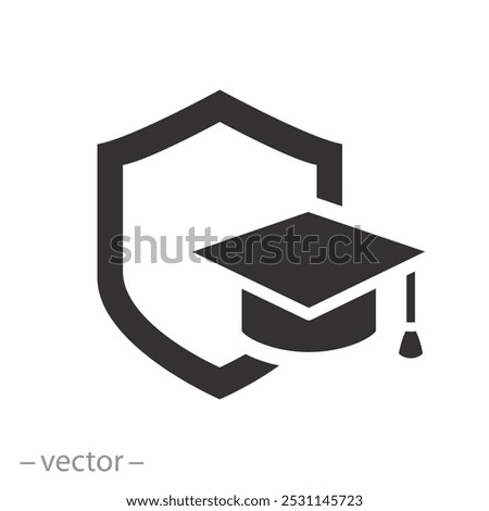 icon of shield with graduation hat, education insurance, help education, flat vector illustration