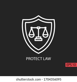 Icon shield protection law line, outline vector sign, linear style pictogram isolated on black. Contains such Law, Justice, Business and Legal. Sign or symbol