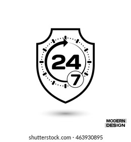 Icon shield with sign - protection around the clock, 24 hours 7 day. Isolated on white background. Vector