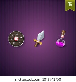 Icon: "Shield, the sword, the flask with the potion." Realistic vector icons.