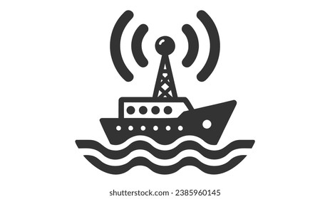 Icon of a ship with an antenna emitting radio waves at sea.