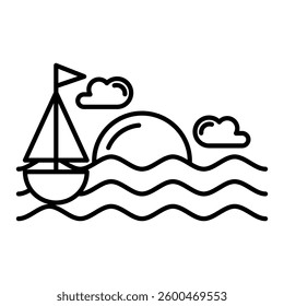 icon of a ship in the sea with sun and clouds