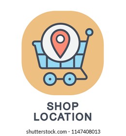 Icon shop location. Shopping cart with a location icon. The thin contour lines with color fills.