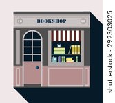Icon shop or stores with long shadow. Vector cool detailed modern flat design square architecture web icon on old style local books shop store front facade with books exposed in windows