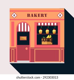 Icon shop or stores with long shadow. Flat design square architecture web icon on old style loca lbakery shop store front facade with cake and pie exposed in windows.Sign on the door. Sign on the door