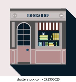 Icon shop or stores with long shadow. Vector cool detailed modern flat design square architecture web icon on old style local books shop store front facade with books exposed in windows
