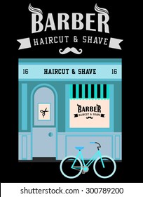 Icon shop or stores with long shadow. Vector flat  illustration. Barber shop. Haircut and shave. 
