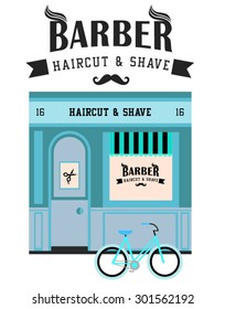 Icon shop or stores with long shadow. Vector flat  illustration. Barber shop. Haircut and shave.