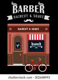 Icon shop or stores with long shadow. Vector flat  illustration. Barber shop. Haircut and shave.