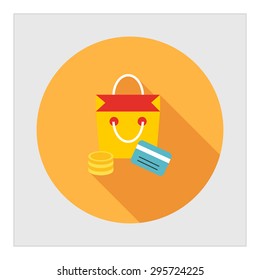 Icon of shopping bag, coin stack and credit card
