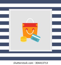 Icon of shopping bag, coin stack and credit card