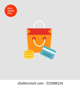 Icon of shopping bag, coin stack and credit card