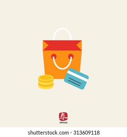 Icon of shopping bag, coin stack and credit card