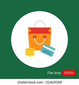 Icon of shopping bag, coin stack and credit card