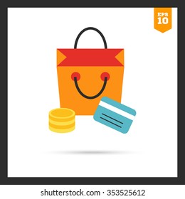 Icon of shopping bag, coin stack and credit card