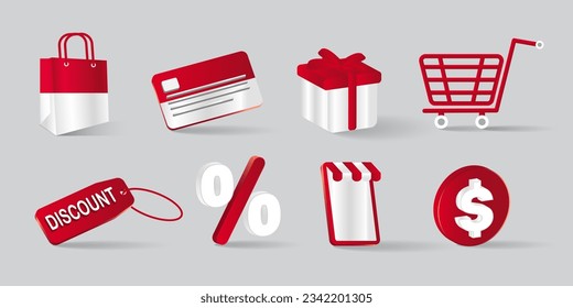 Bolsa de compras de iconos, carrito, puntos, tarjeta de crédito, descuento, caja de regalo. color de gradiente rojo y blanco.