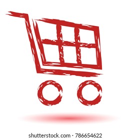 Icon shopping basket, red basket. Grunge stylish icon. Vector EPS 10 isolated.