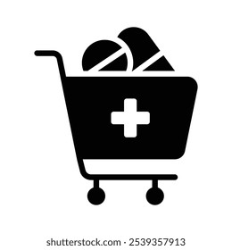 Ícone de um carrinho de compras cheio de medicação,