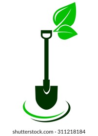 icon with shovel and green leaf on white background
