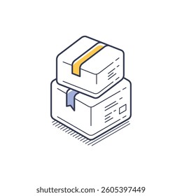 Icon showcases two stacked boxes featuring colored ribbons, designed in a minimalistic isometric style. This modern illustration can be utilized in various infographics and design projects.