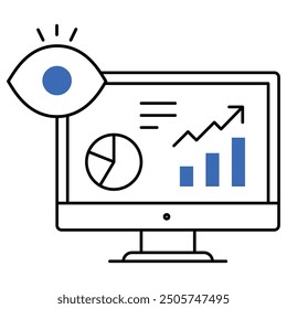 An icon showcasing AI-driven computer vision with an eye and data visualization on a monitor, representing machine learning, image recognition, data analysis, and AI-powered visual computing.