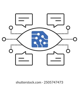 Un ícono que muestra los sistemas de visión impulsados por IA con un ojo y una placa de circuitos, que representan la visión por computadora, el aprendizaje automático, el reconocimiento de la Imagen y el análisis impulsado por IA.