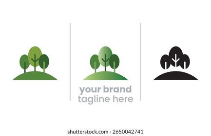 Ícone mostrando árvores florestais e paisagens, simbolizando reflorestamento, equilíbrio ecológico e natureza rica em oxigênio. Ideal para projetos de ação climática, zona verde e conservação de hábitat.