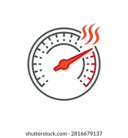 An icon showing a gauge with a needle in the red zone and steam rising, representing high temperature, maximum speed, or rising intensity levels.