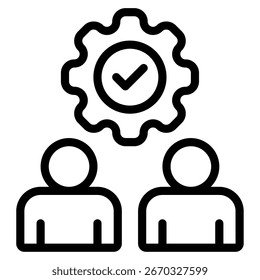 Icon showing gear with a checkmark above two user silhouettes, symbolizing team approval and quality control for web and marketing.