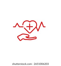 Icon showing a heart health symbol with a heartbeat line and hand in a simple red outline style.